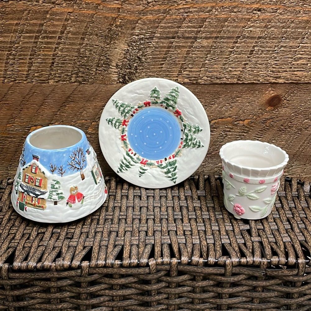 Yankee Candle Small Jar Shade Topper & Plate Set Winter/Holiday + Floral Votive